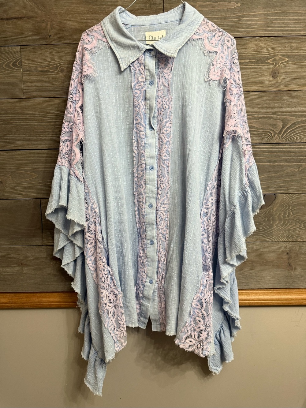 Oli & Hali Light Blue Poncho Blouse with Pink Lace Trim